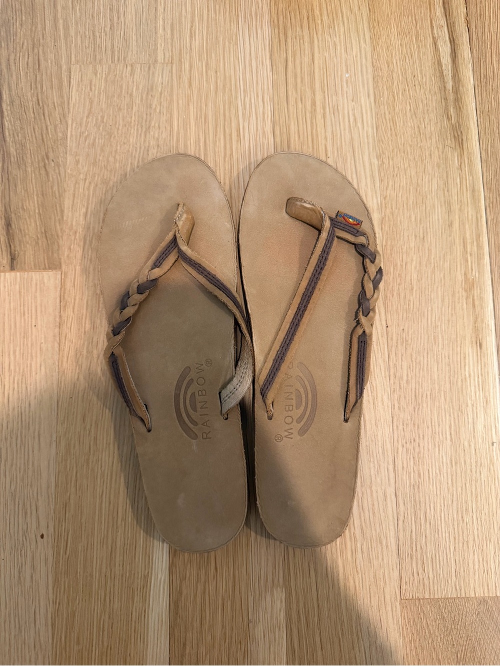 Rainbow Women's Tan Braided Leather Flip Flops
